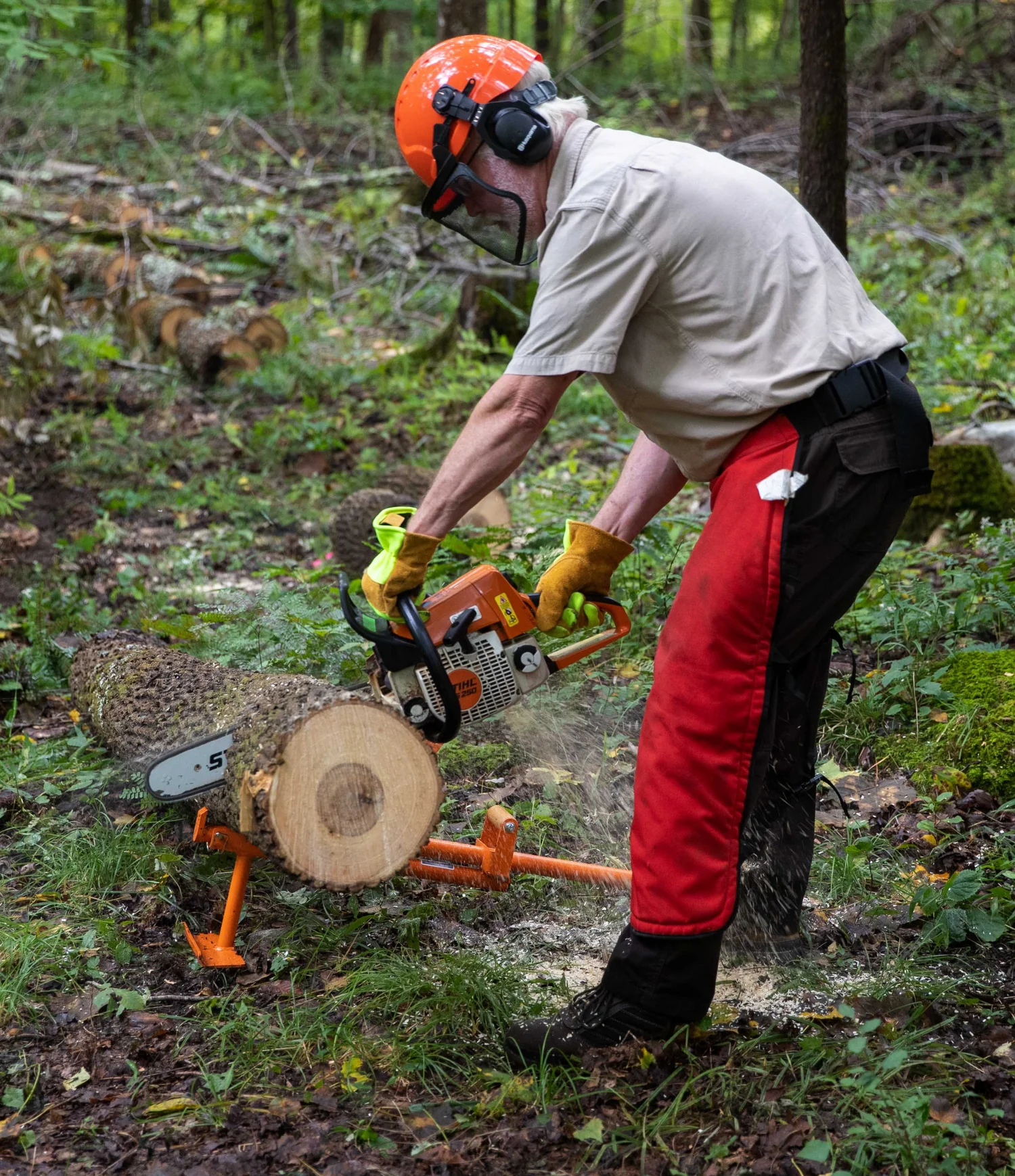 man cutting log